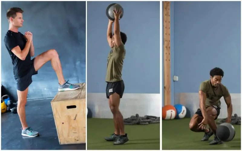 Fitness workout sequence: box step-up, medicine ball slam aur deep squat with ball, full-body training