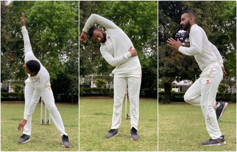 Cricketer ground pe warm-up stretch karta: side bend, torso twist aur leg swing, pre-match routine - gym amethi cricket