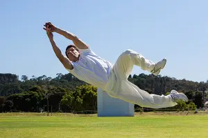 Cricketer boundary ke paas one-hand se awesome diving catch, dhoop mein fielding